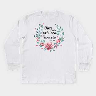 Biblico Cristiano: Dios es la fortaleza de mi corazón (texto negro, español, con flores) Kids Long Sleeve T-Shirt